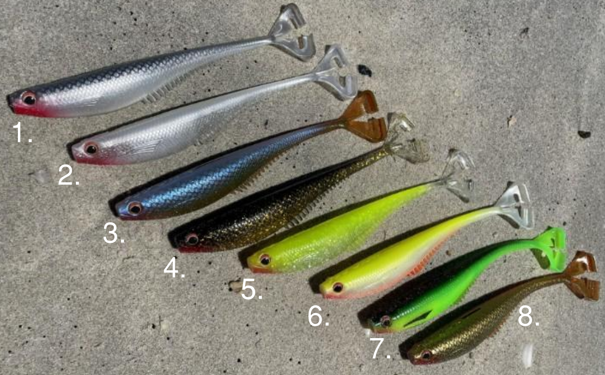 King Brown Frog Mullet 7.5 inch supplier colour-reference chart: Chartreuse is number 6 and Rasta is number 7. Shows the full eight-colour range, not pack contents.