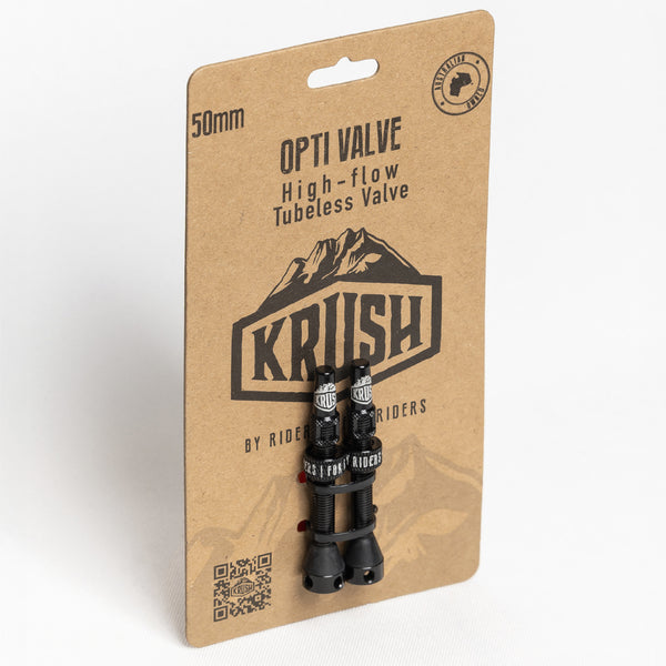 Krush Opti-Valve black 50 mm Presta tubeless valves, pair in original packaging