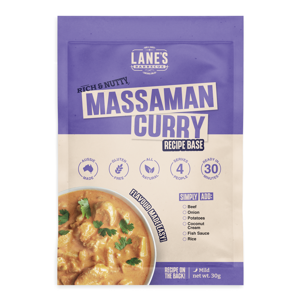 Lane's Massaman Curry Recipe Base, single 30 g sachet