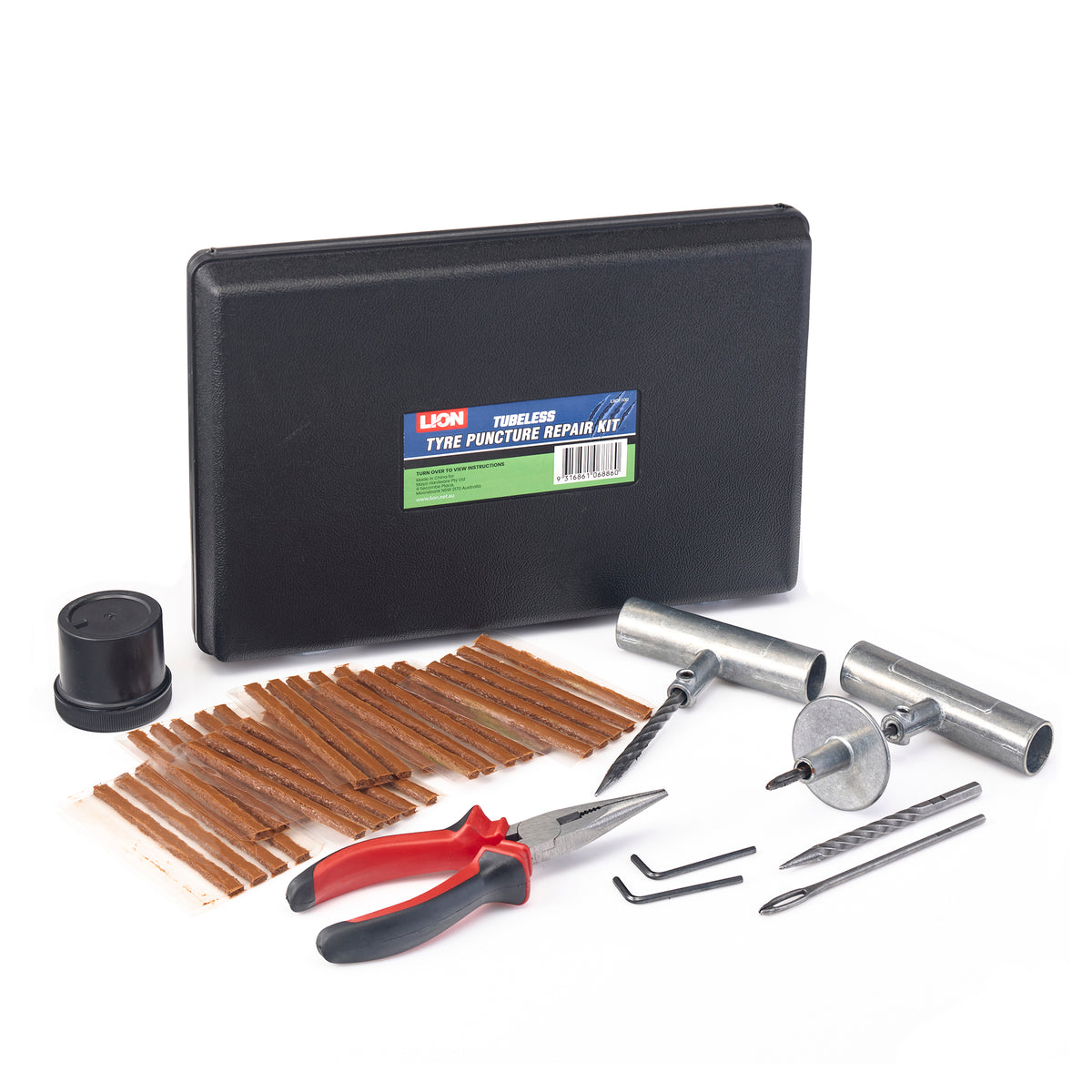 Lion LXOF100 tubeless tyre puncture repair kit with case, T-handle tools and plugs
