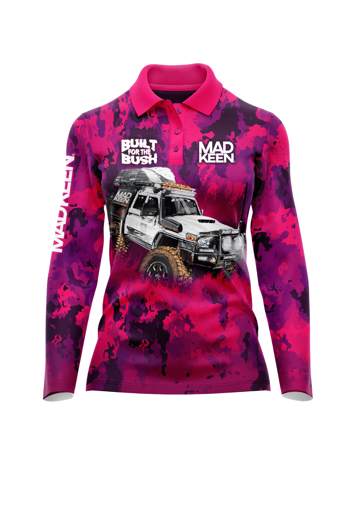 Mad Keen Built for the Bush women's long sleeve polo, pink camouflage and 4WD design