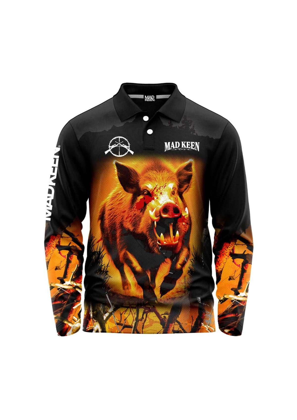 Mad Keen Hunt Hard long sleeve polo, orange and black boar design