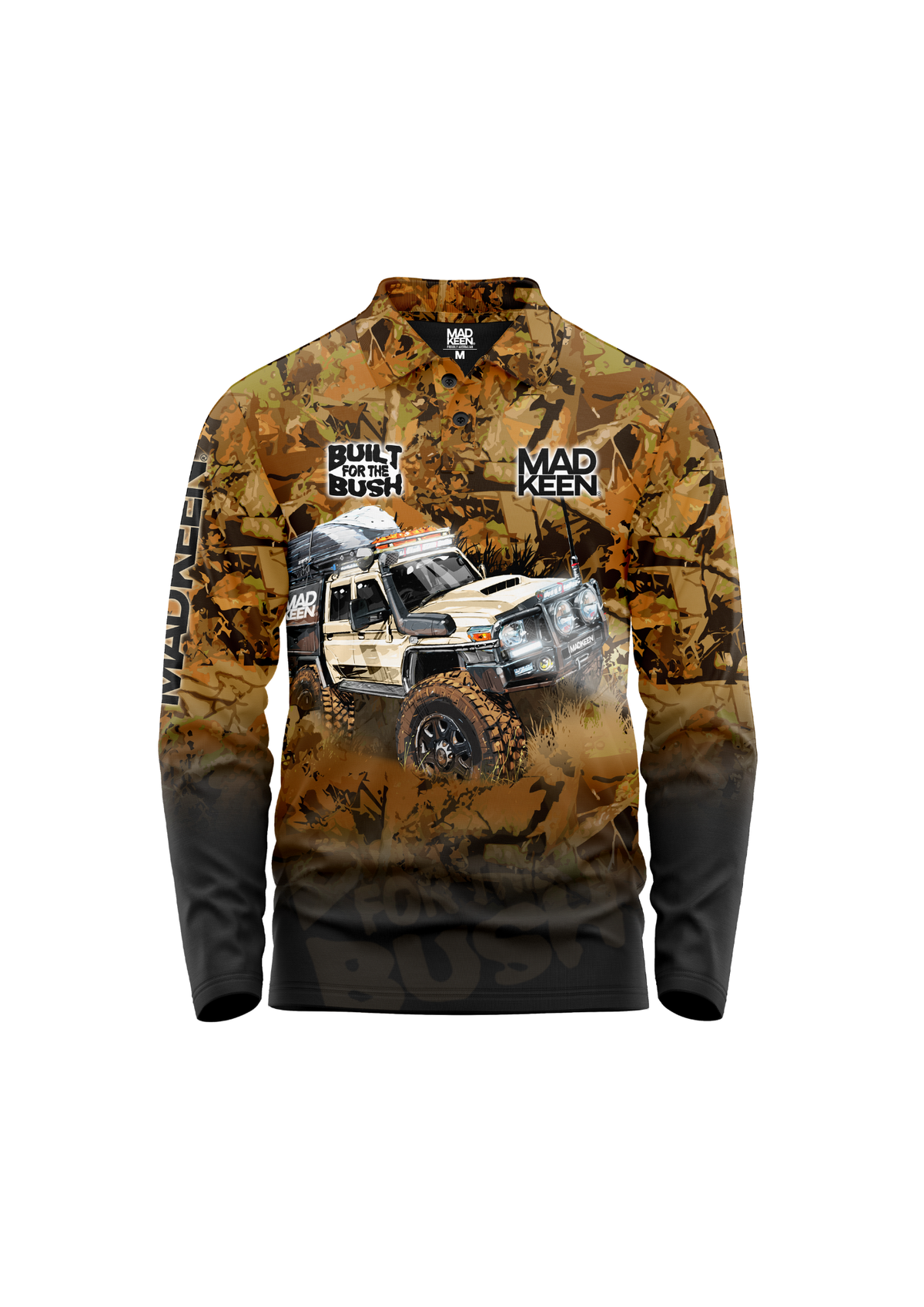 Mad Keen Built for the Bush long sleeve polo, brown camouflage, front