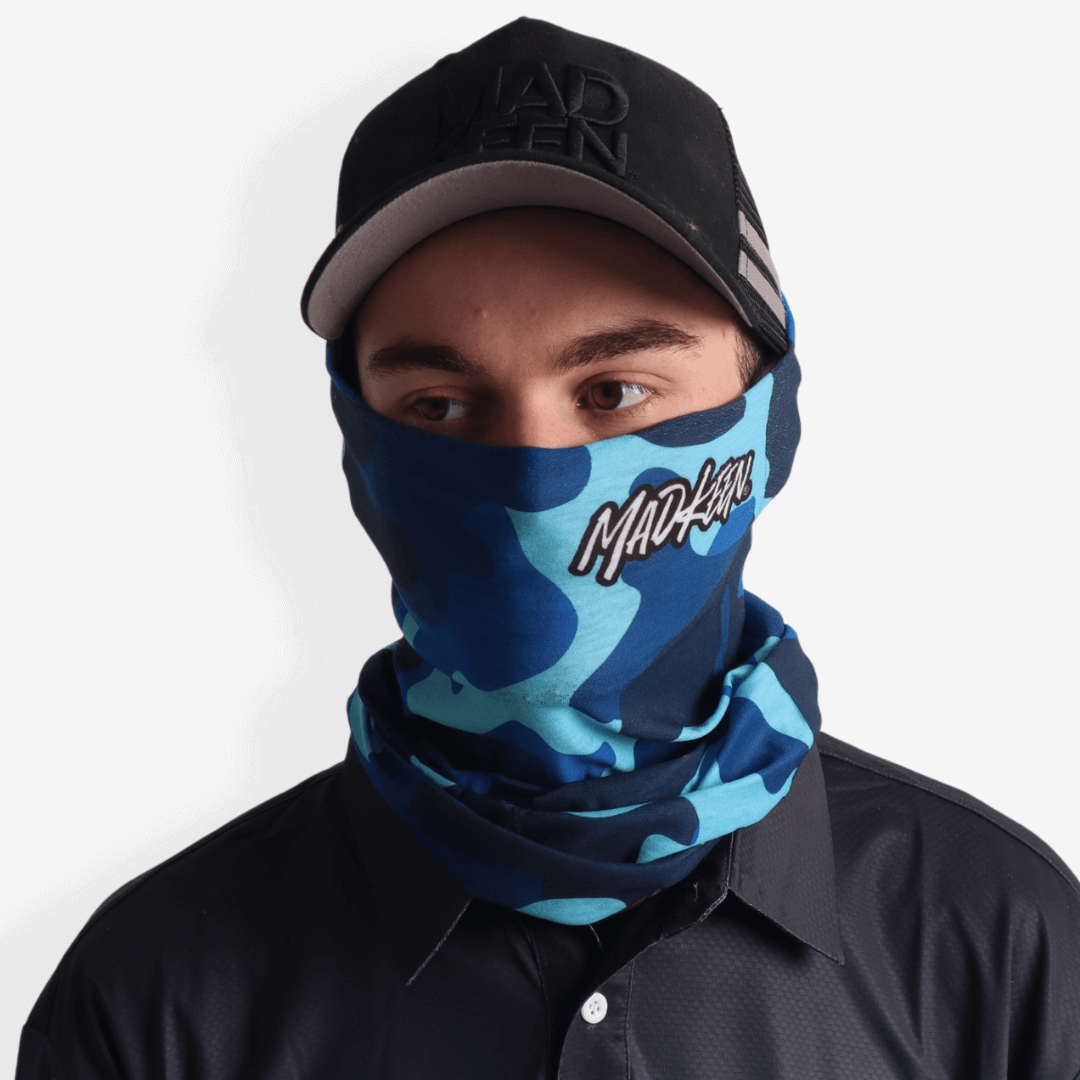 Mad Keen Hyper-Camo blue mug guard neck and face covering