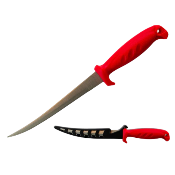 Maritec 6-inch fillet knife with red handle and black sheath