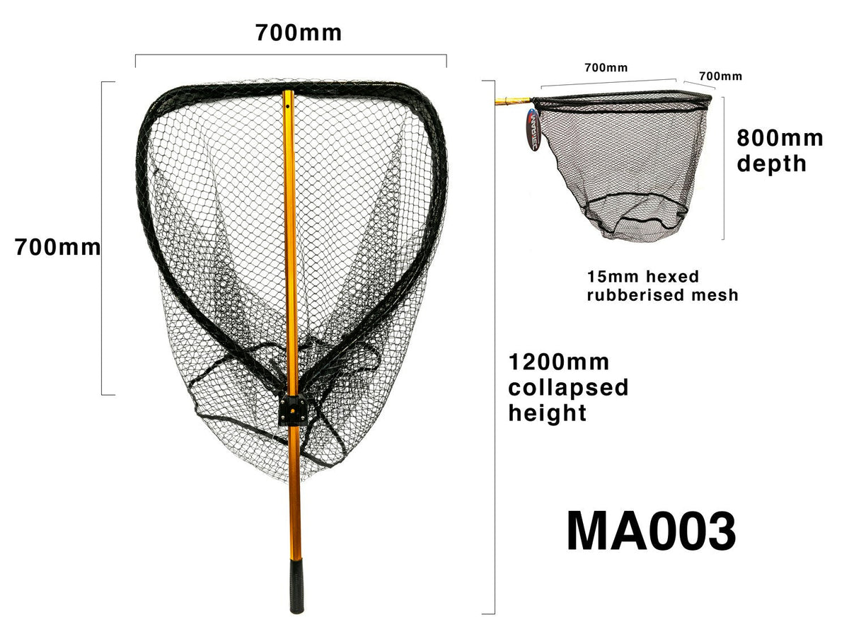 Maritec MA003 landing net with removable handle; 700 mm head, 800 mm net depth and 1200 mm collapsed height