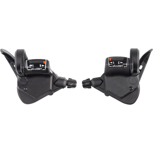 microSHIFT TS38-6 thumb-tap shifter pair for a 3 x 6-speed drivetrain