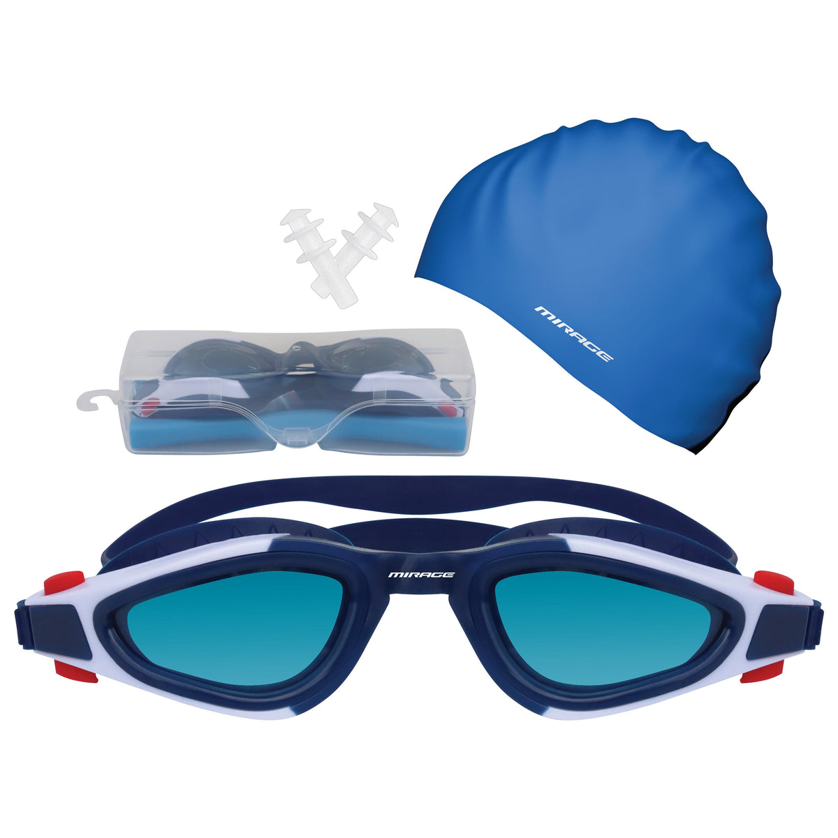 Mirage Adult Swim Pack Blue, SA201-BLU, with goggles, cap, earplugs and case
