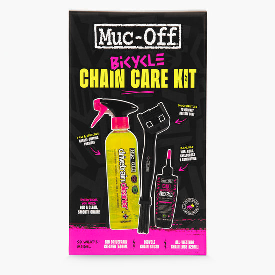 Muc-Off Bicycle Chain Care Kit box showing cleaner brush and lube