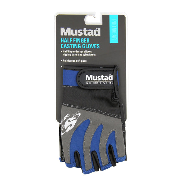 Mustad GL004 half-finger casting glove, black and blue - shared size manufacturer image