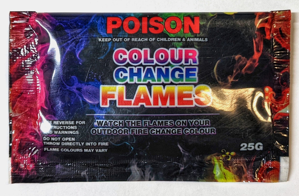OZtrail Colour Change Flames single 25 g sachet, with poison warning