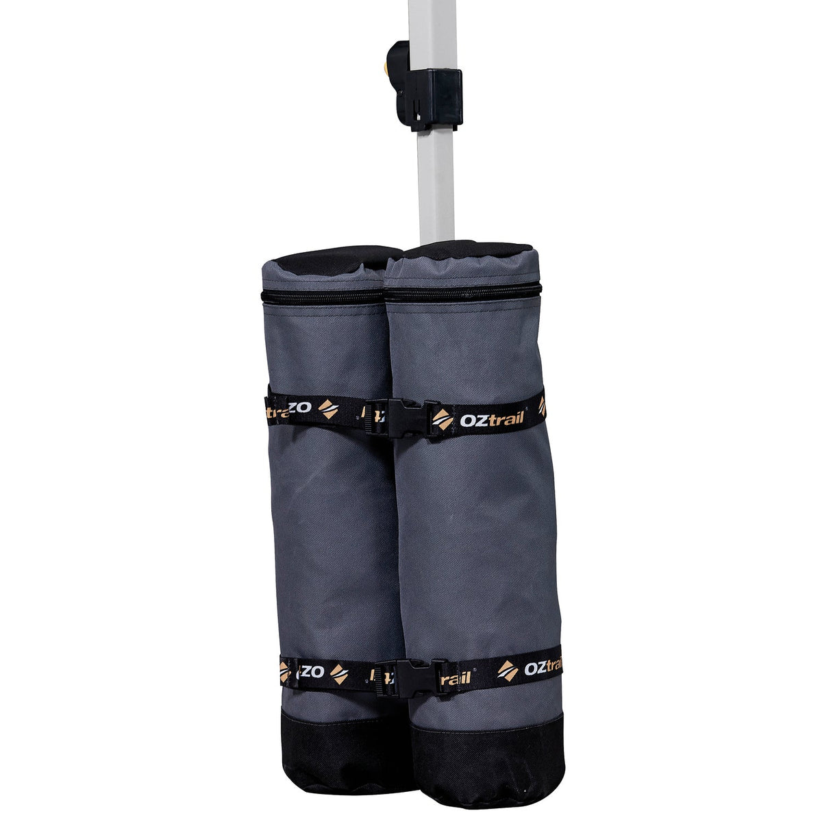 OZtrail single twin-chamber commercial sand bag shown attached to a gazebo leg