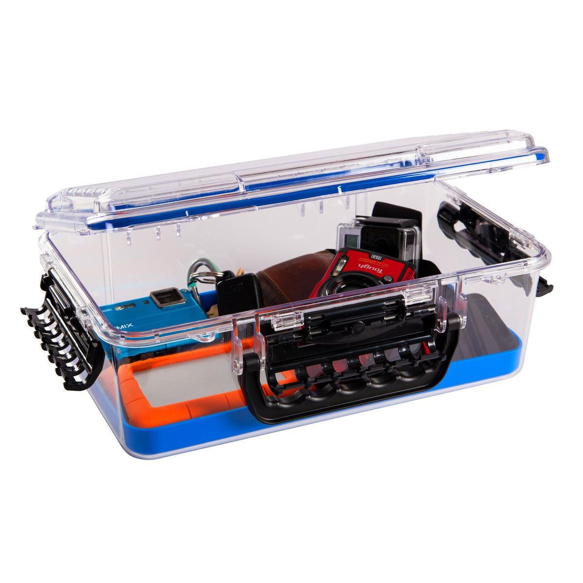 Plano 1470 Guide Series waterproof case open with blue base insert and example contents