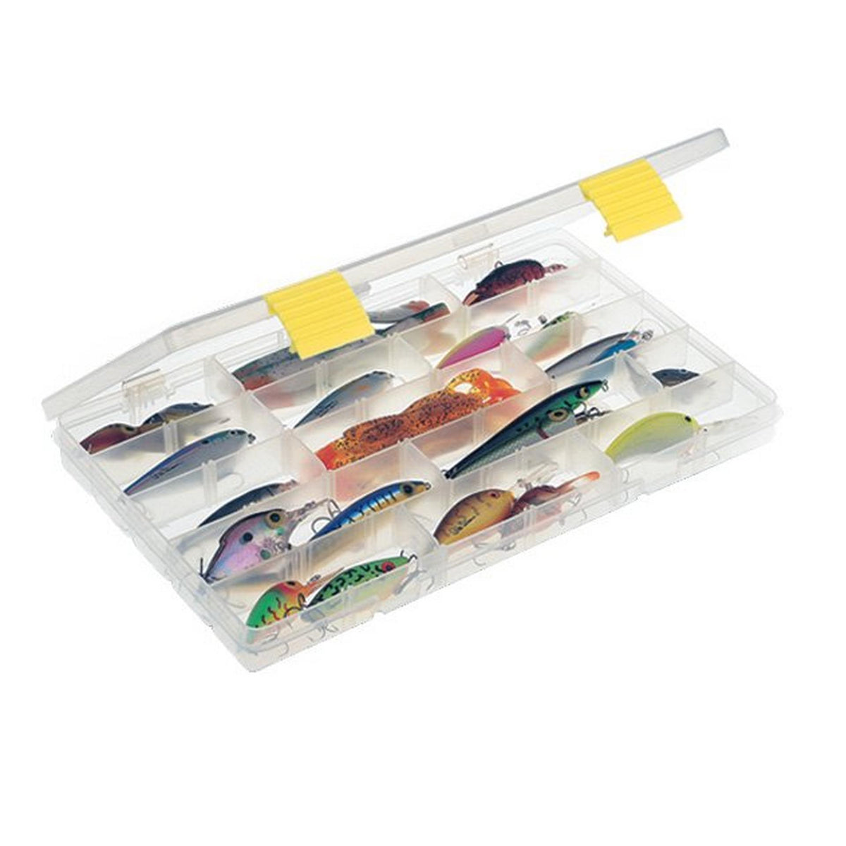 Plano 23701 ProLatch Thin StowAway open with yellow latches and example tackle
