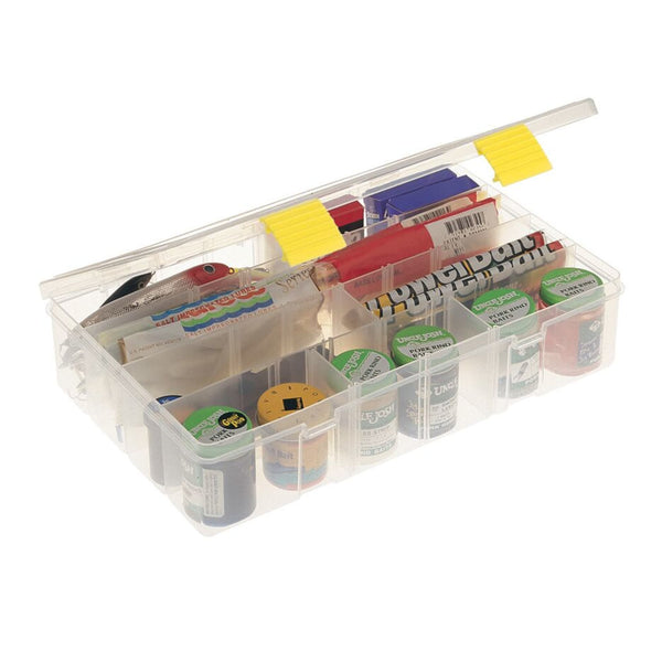 Plano 23730 deep ProLatch StowAway open with yellow latches and example tackle