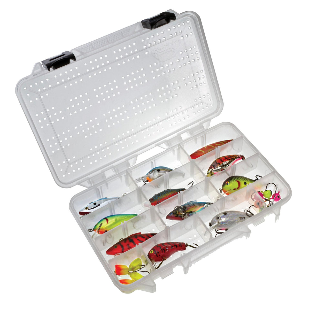 Plano 43620 Hydro-Flo 3600 StowAway open with ventilated lid and example lures