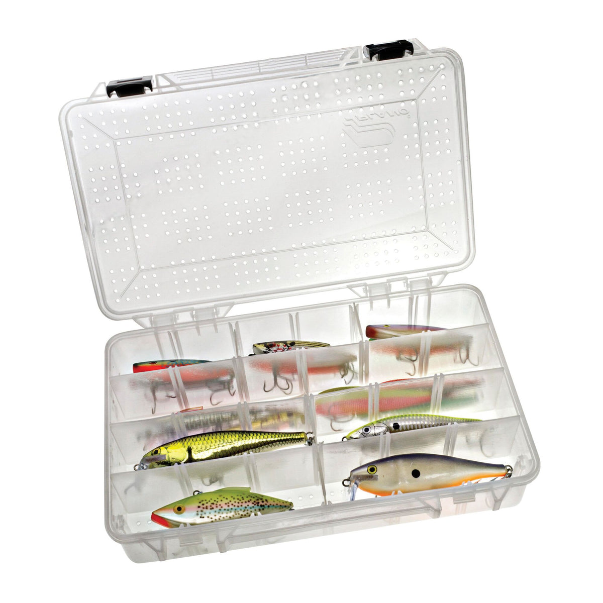 Plano 43730 Hydro-Flo 3700 Deep StowAway open with ventilated lid and example lures