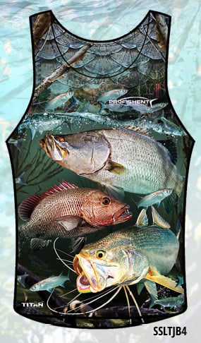 Profishent Thread Jack Barra Singlet SSLTJB4 with threadfin salmon, mangrove jack and barramundi artwork