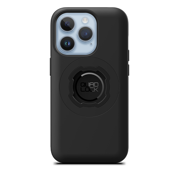 Quad Lock MAG Case for iPhone 14 Pro, black case fitted to an illustrative phone