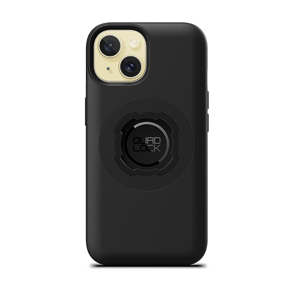 Quad Lock MAG Case for iPhone 15, black case fitted to an illustrative phone