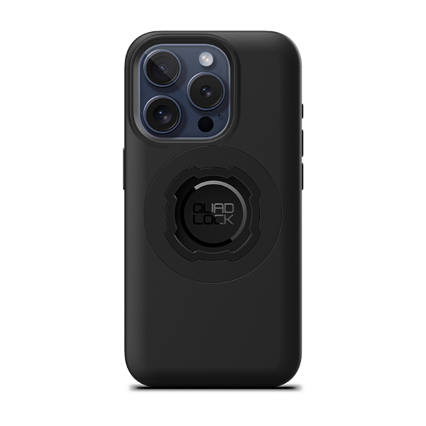 Quad Lock MAG Case for iPhone 15 Pro, black case fitted to an illustrative phone