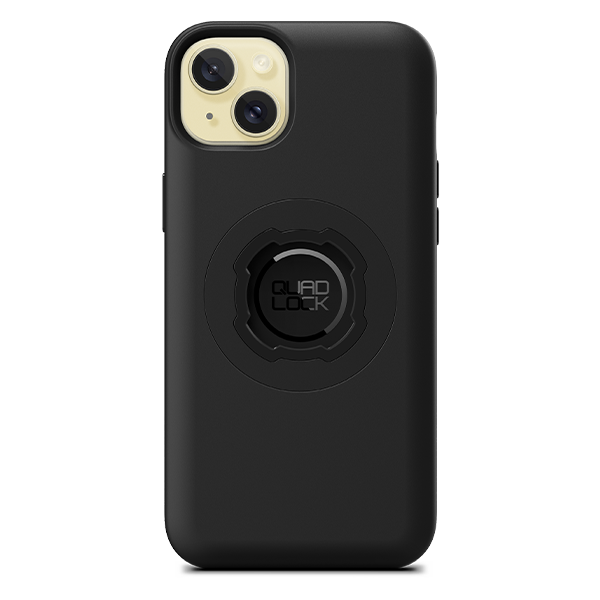 Quad Lock MAG Case for iPhone 15 Plus, black case fitted to an illustrative phone