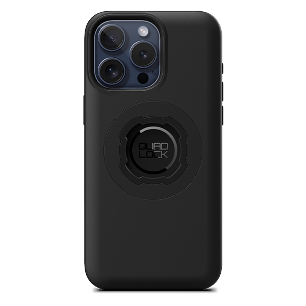 Quad Lock MAG Case for iPhone 15 Pro Max, black case fitted to an illustrative phone