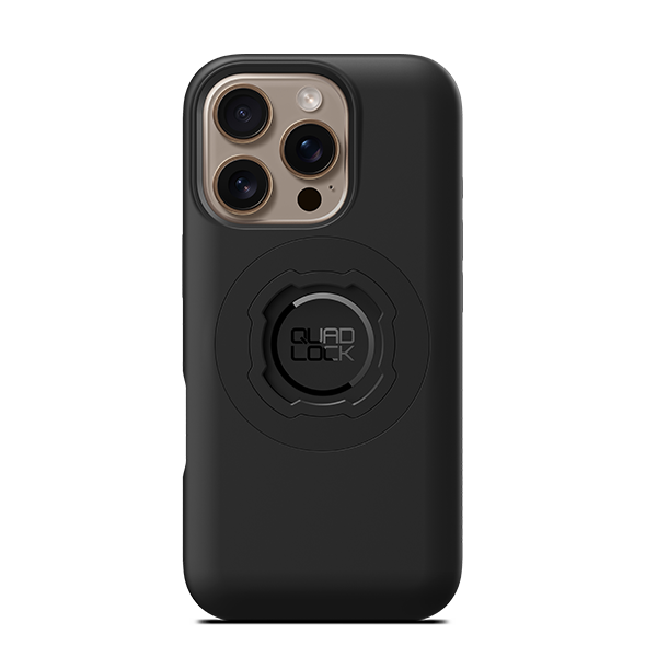 Quad Lock MAG Case for iPhone 16 Pro, black case fitted to an illustrative phone
