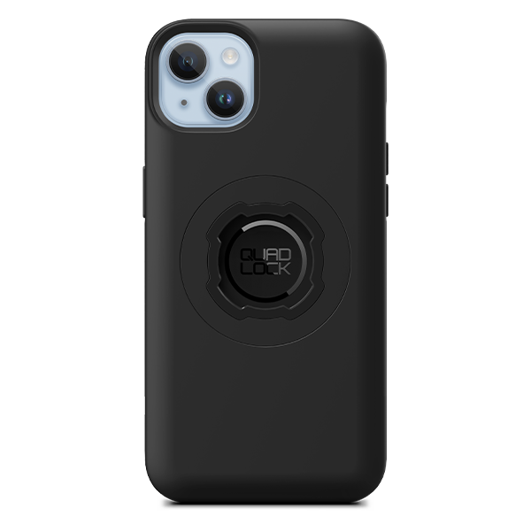 Quad Lock black MAG case for iPhone 14 Plus, rear view fitted to an illustrative phone