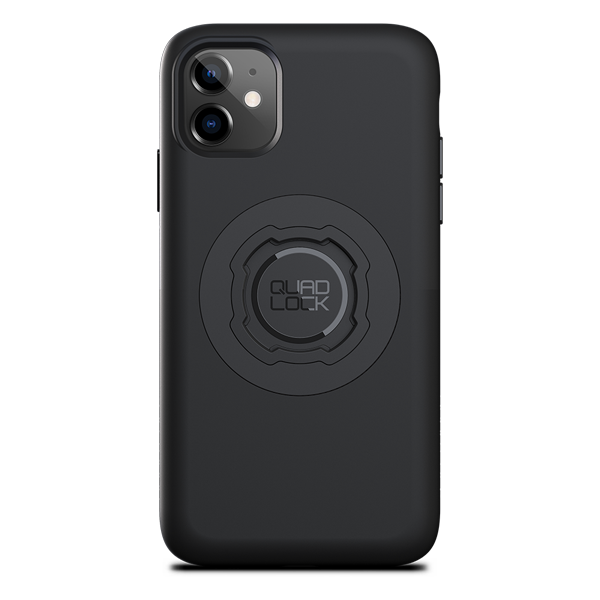 Quad Lock black MAG case for iPhone 11, rear view fitted to an illustrative phone