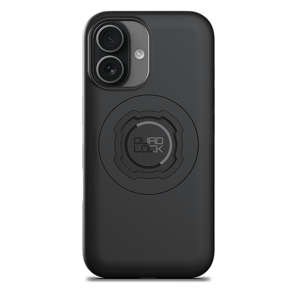 Quad Lock black MAG case for iPhone 17, rear view fitted to an illustrative phone