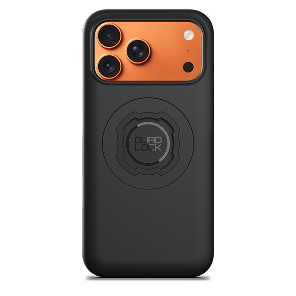 Quad Lock black MAG case for iPhone 17 Pro / 17 Pro Max, rear view fitted to an illustrative phone