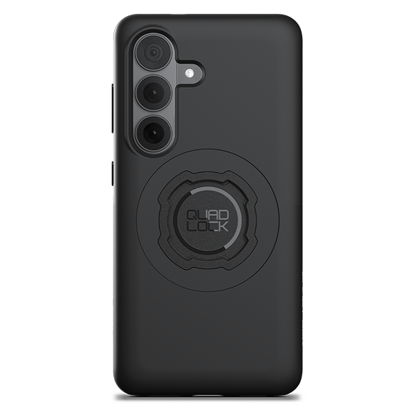 Quad Lock black MAG case for Samsung Galaxy S26, rear view fitted to an illustrative phone