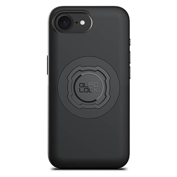Quad Lock black MAG case for iPhone 16e / 17e, rear view fitted to an illustrative phone