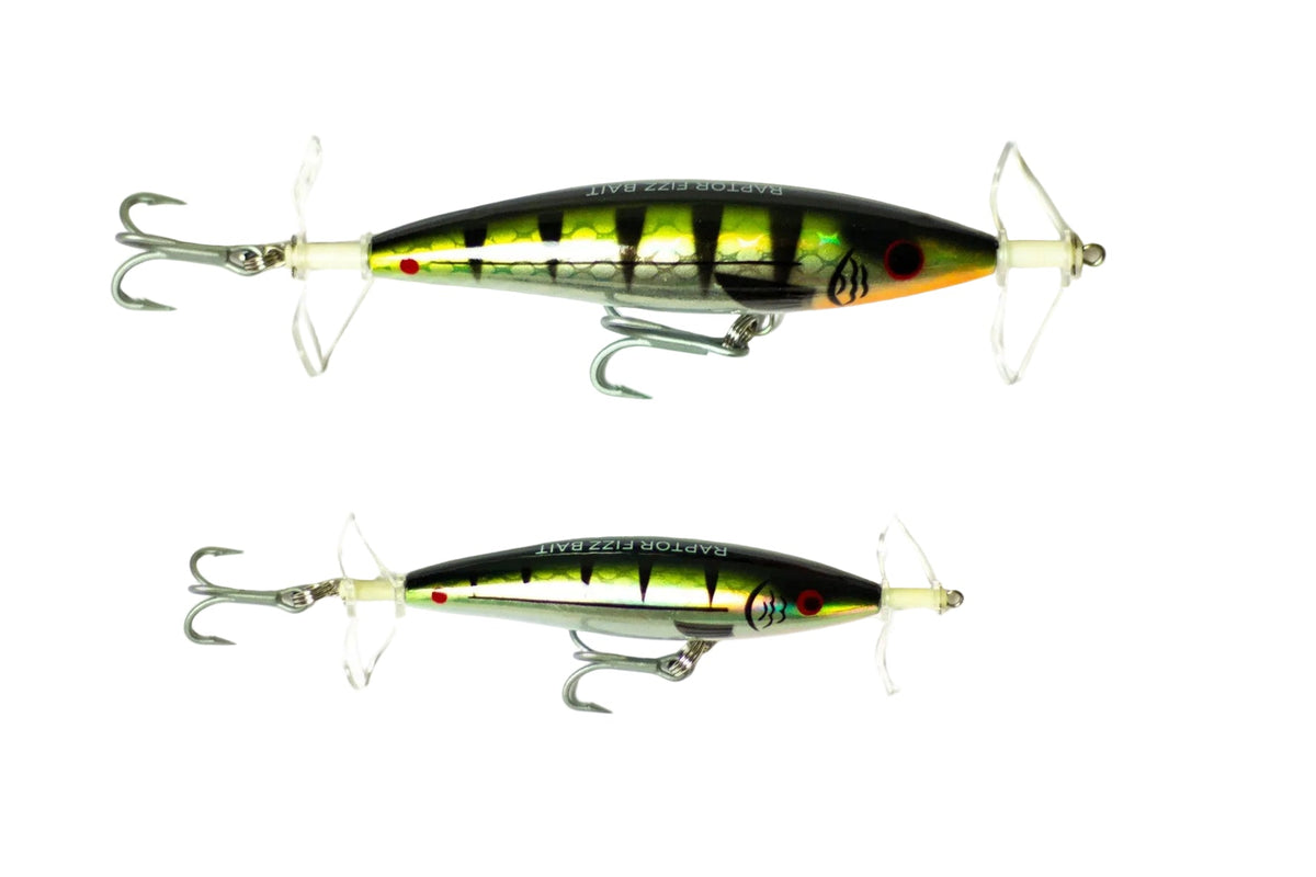 Raptor Mini Fizz Bait Chart Chrome – manufacturer image showing 85mm and 115mm sizes; this listing is one 85mm lure