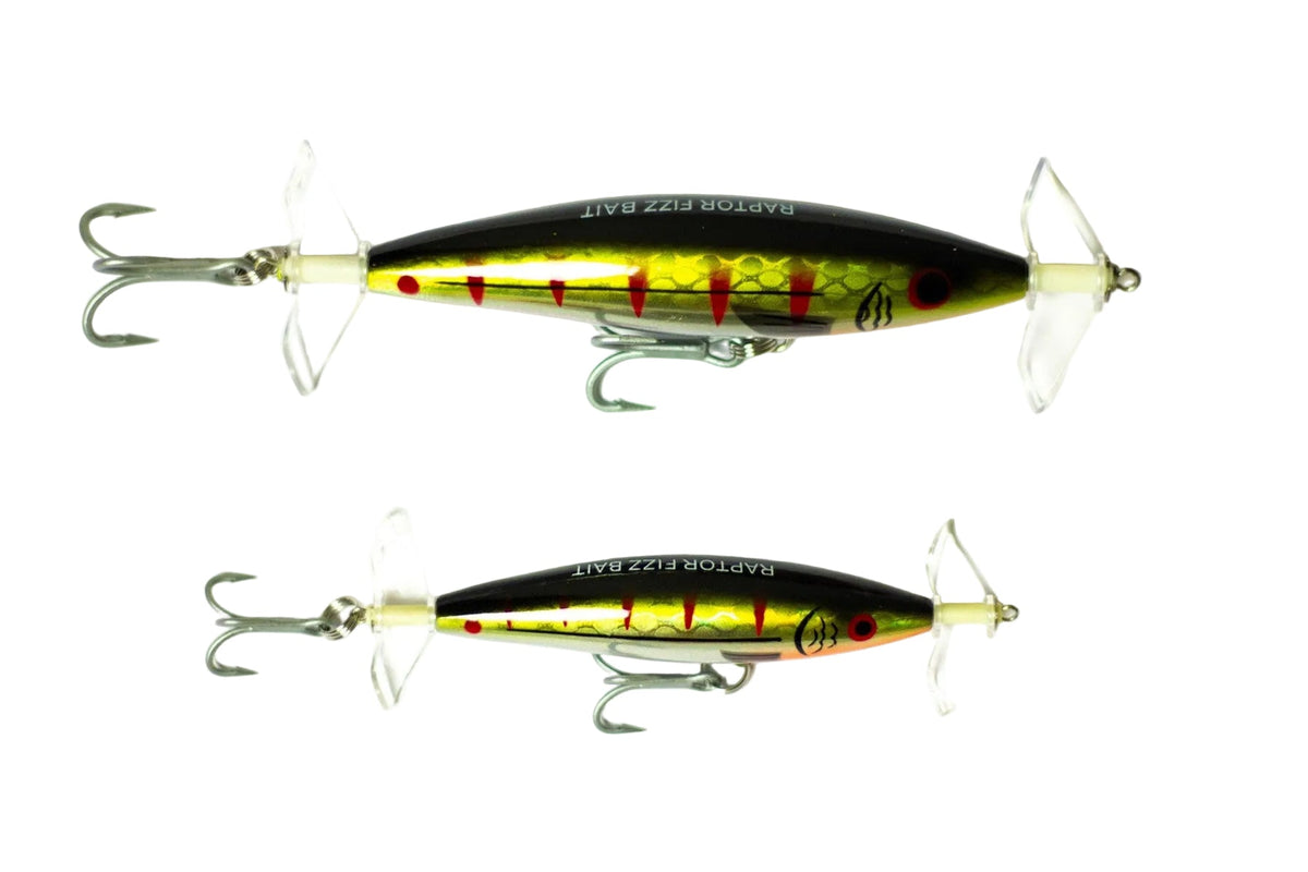 Raptor Mini Fizz Bait Gold Chrome – manufacturer image showing 85mm and 115mm sizes; this listing is one 85mm lure