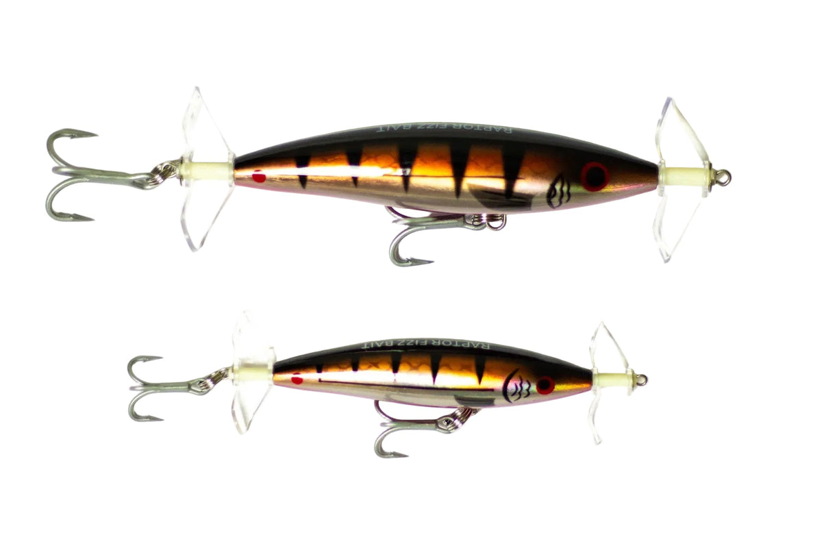Raptor Mini Fizz Bait Copper Chrome – manufacturer image showing 85mm and 115mm sizes; this listing is one 85mm lure