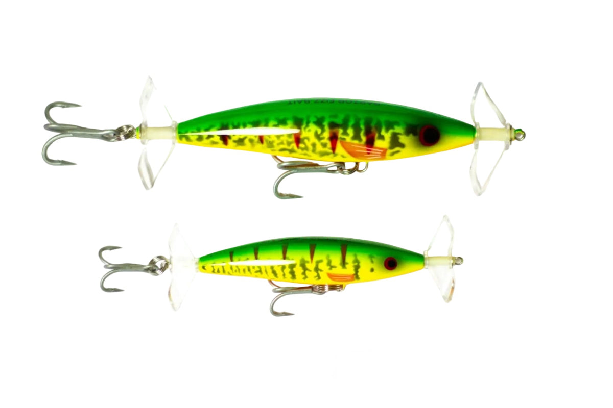 Raptor Mini Fizz Bait Green Camo – manufacturer image showing 85mm and 115mm sizes; this listing is one 85mm lure
