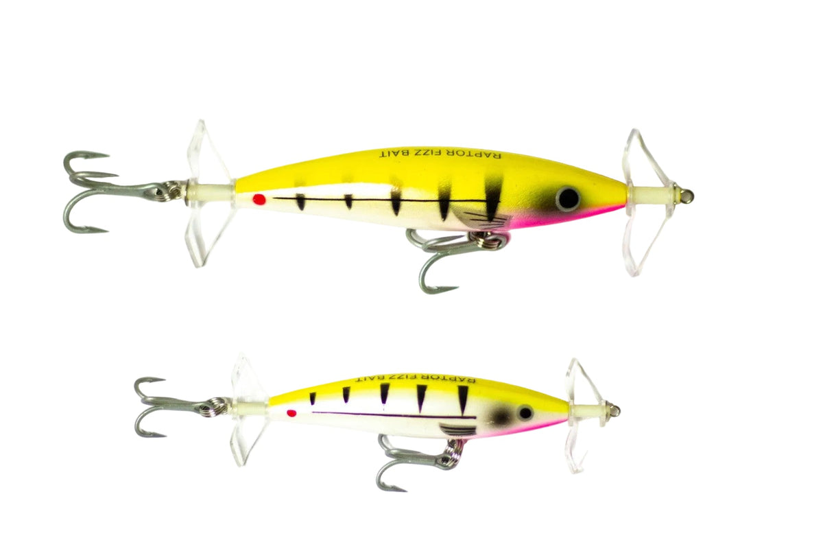 Raptor Mini Fizz Bait Hummer – manufacturer image showing 85mm and 115mm sizes; this listing is one 85mm lure