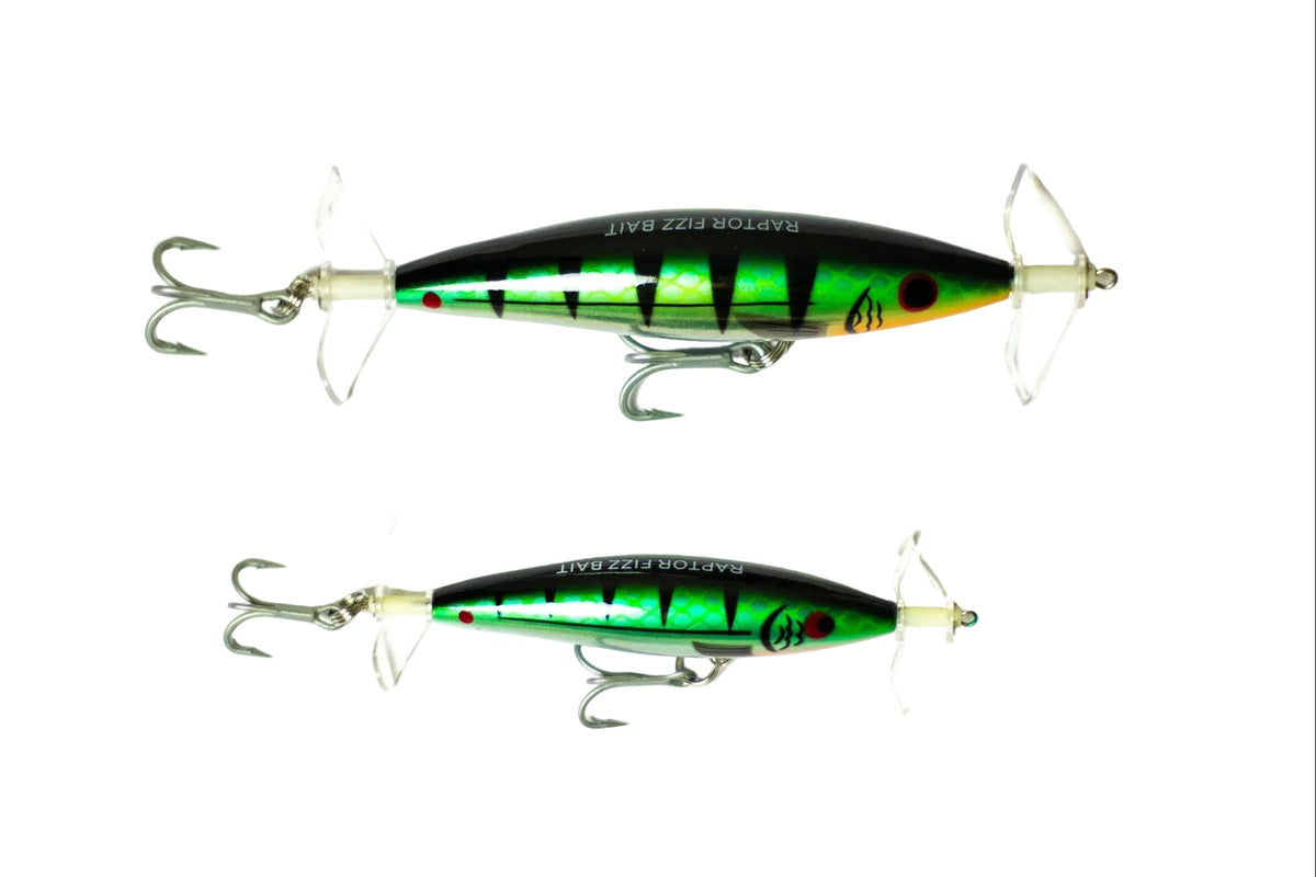 Raptor Mini Fizz Bait Green Chrome – manufacturer image showing 85mm and 115mm sizes; this listing is one 85mm lure