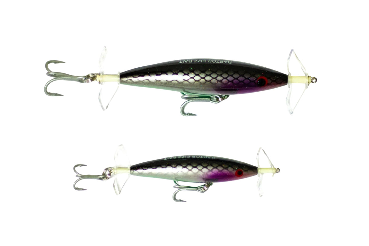 Raptor Mini Fizz Bait Mullet – manufacturer image showing 85mm and 115mm sizes; this listing is one 85mm lure