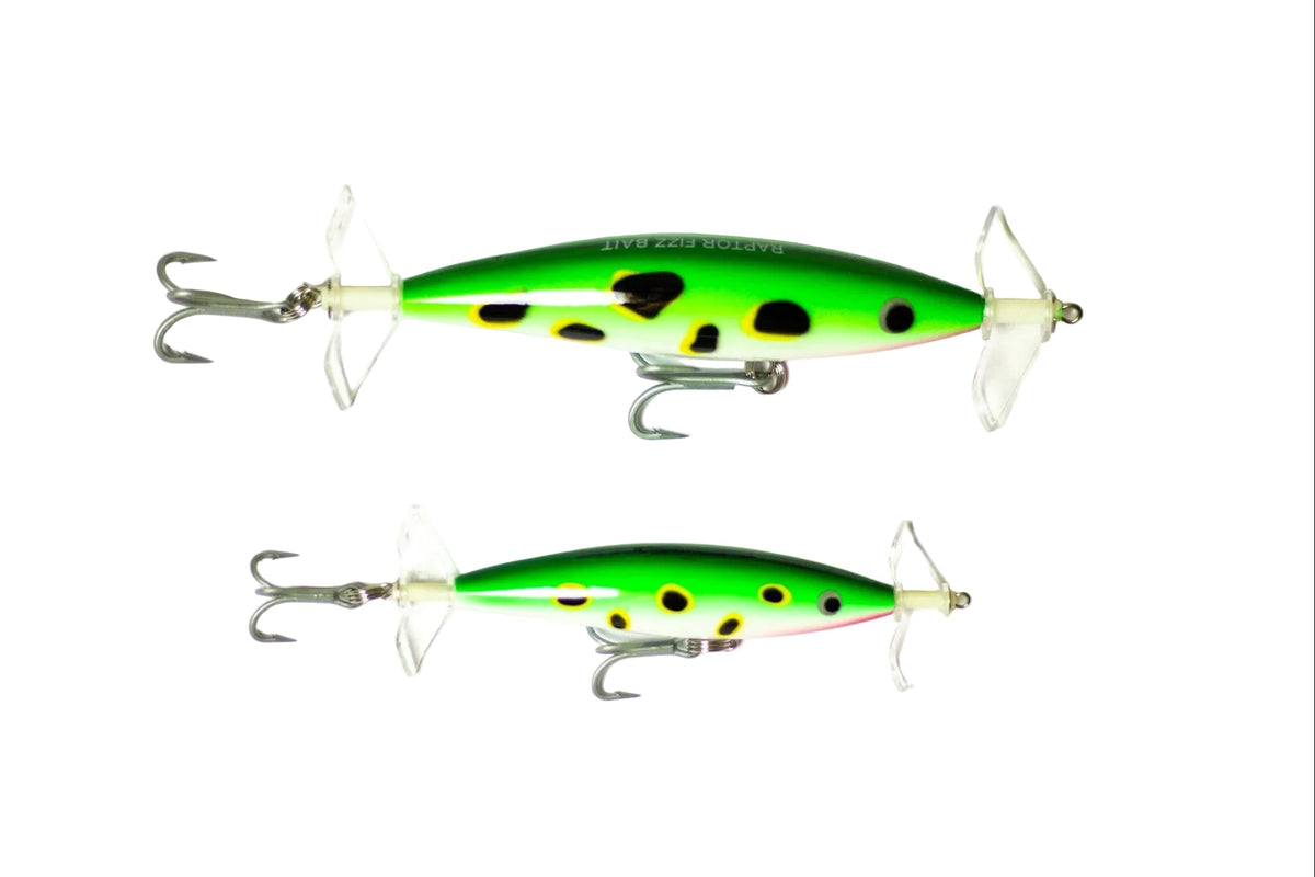 Raptor Mini Fizz Bait Lime Frog – manufacturer image showing 85mm and 115mm sizes; this listing is one 85mm lure