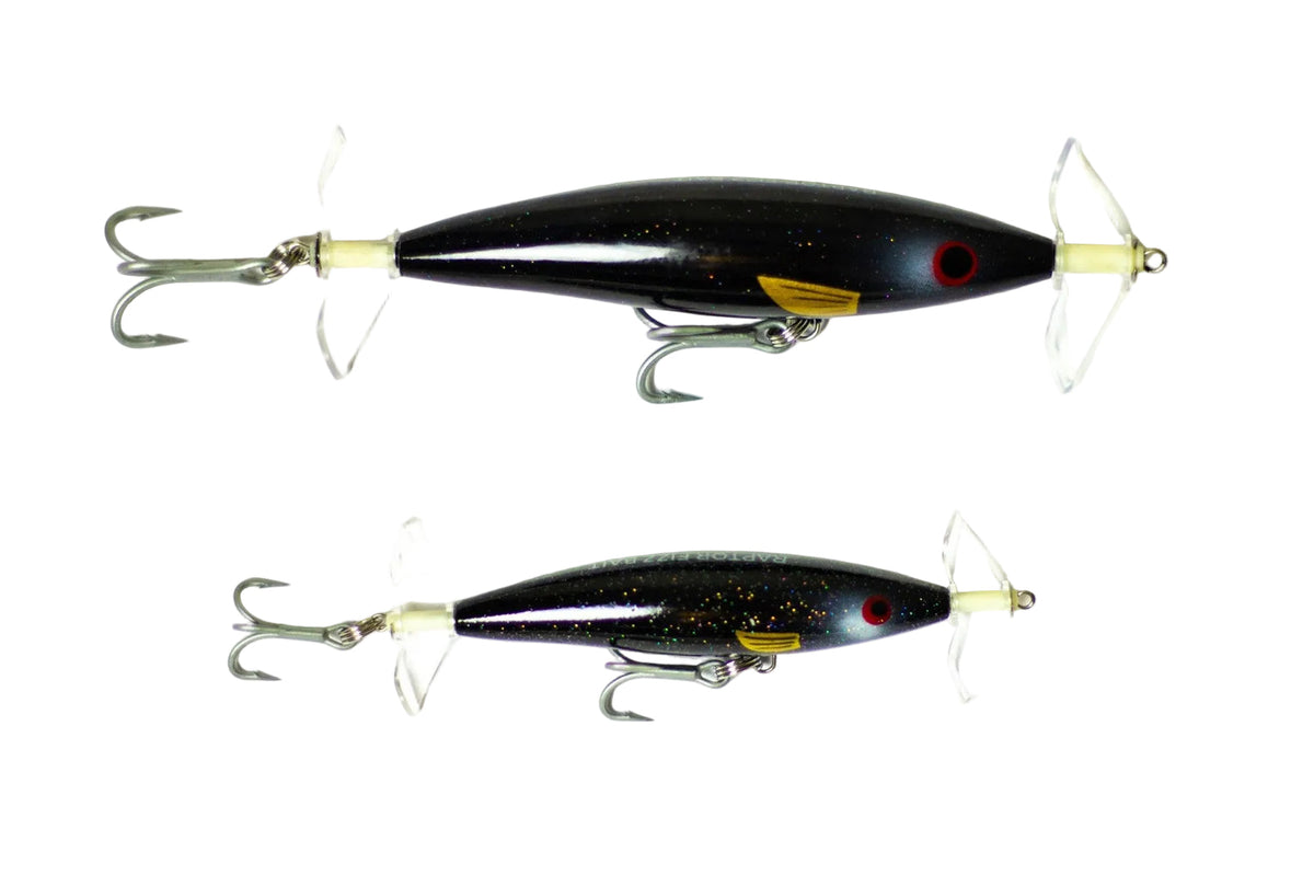 Raptor Mini Fizz Bait BLACK GOLD – manufacturer image showing 85mm and 115mm sizes; this listing is one 85mm lure