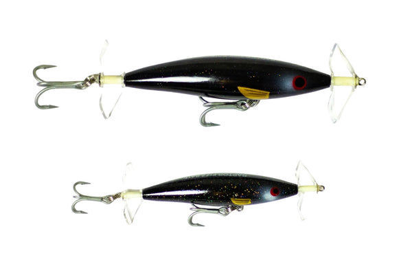 Raptor Mini Fizz Bait BLACK GOLD – manufacturer image showing 85mm and 115mm sizes; this listing is one 85mm lure