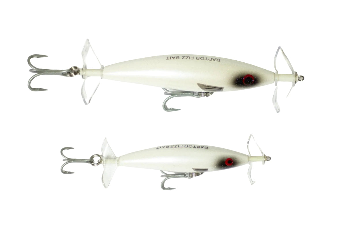 Raptor Mini Fizz Bait Ghost – manufacturer image showing 85mm and 115mm sizes; this listing is one 85mm lure