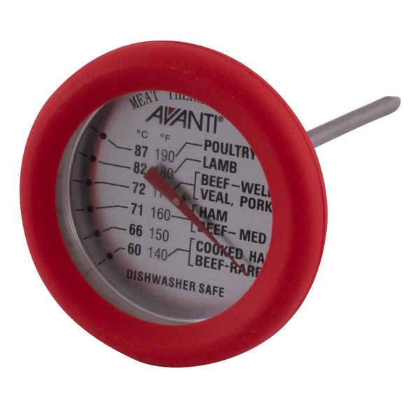Avanti 12900 analogue meat thermometer with red silicone dial surround and stainless steel probe.