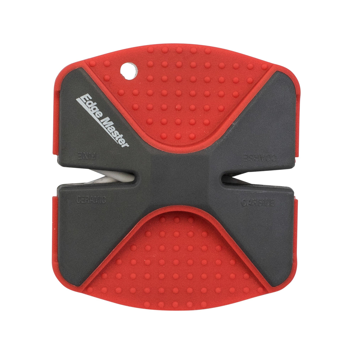 Edge Master 00740 grey and red manual outdoor knife sharpener with coarse carbide and fine ceramic slots.