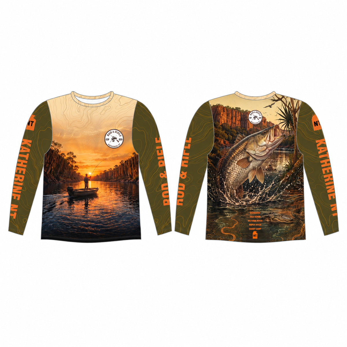 Rod & Rifle Gorge crew-neck fishing shirt, front and back