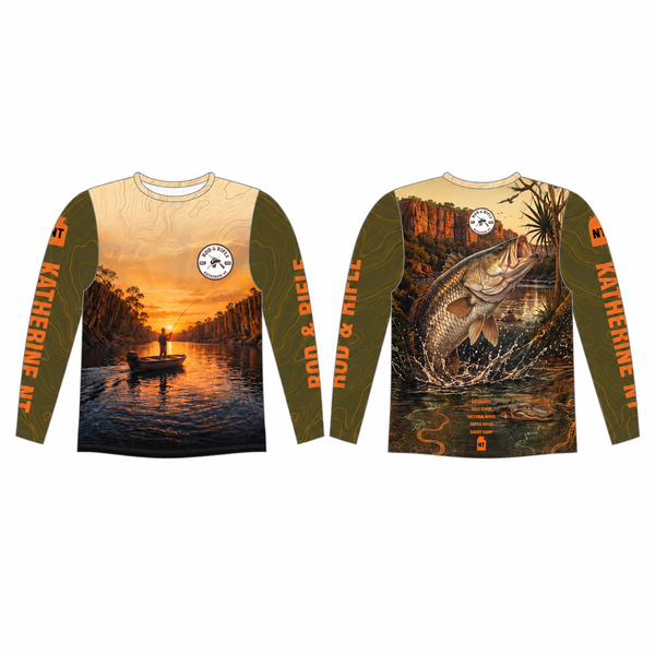 Rod & Rifle Gorge crew-neck fishing shirt, front and back