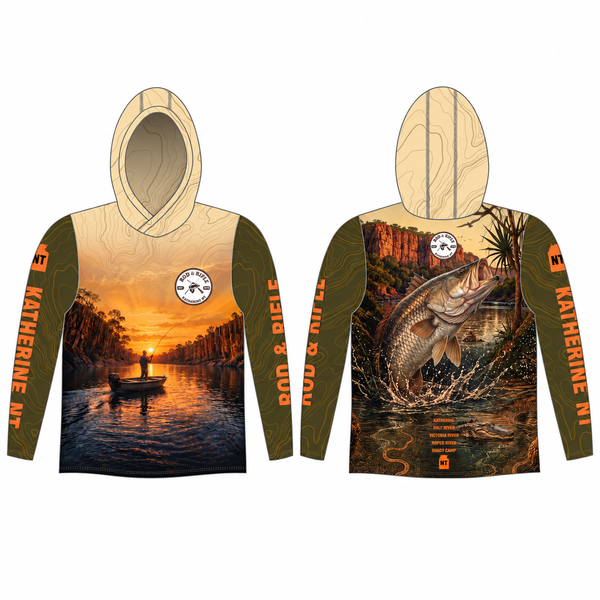 Rod & Rifle Gorge hooded fishing shirt, front and back